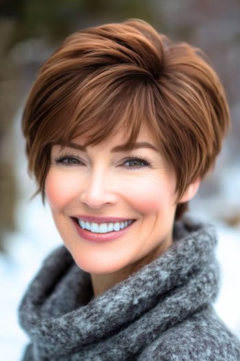 Highlighted Chestnut Pixie Hairstyle on a smiling woman with short brown hair.