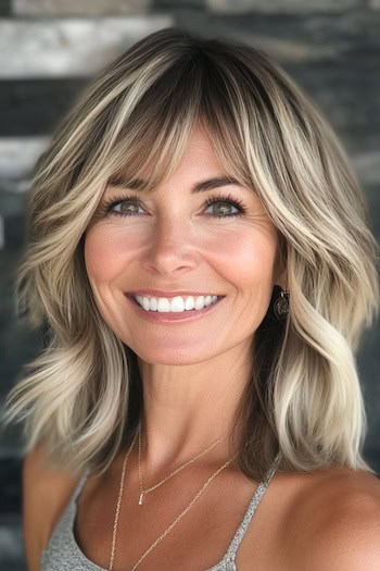 Highlighted Layers With Bangs Haircut on a smiling woman with blonde hair and dark roots.