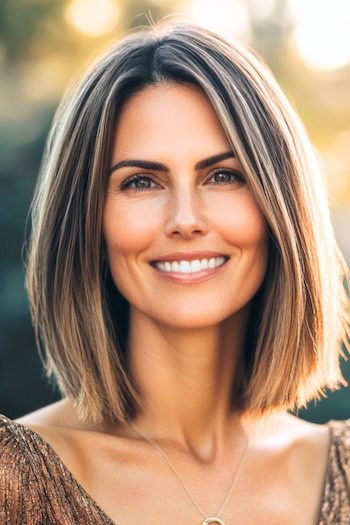 Highlighted Long Bob Hairstyle on a smiling woman with brown hair and blonde highlights.