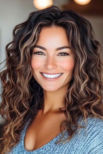 Highlighted Long Curls Hairstyle on a smiling woman with long curly brown hair with face-framing highlights.