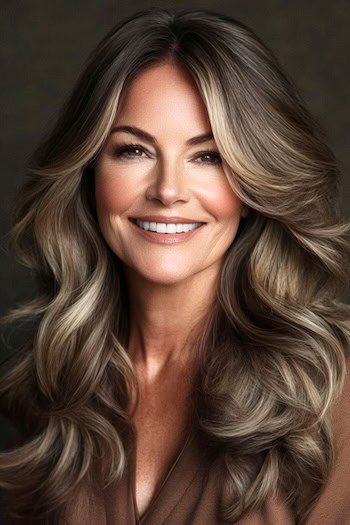 Highlighted Mushroom-Brown Long Feathery Layers Hairstyle on a smiling woman with long brown hair.