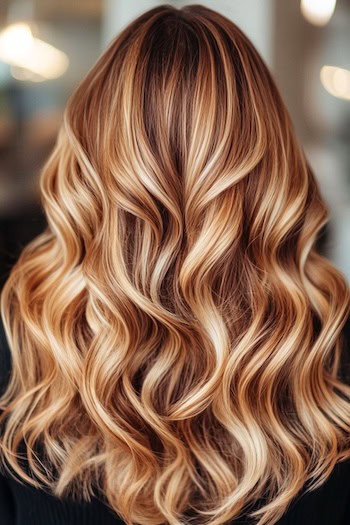 Honey-Blonde Waves with Light Brown Undertones Hairstyle on a woman with long wavy hair, from back, in a hair salon.