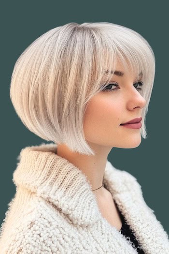 Icy Blonde Bob With Feathered Layers Hairstyle on a young woman with short blonde hair.