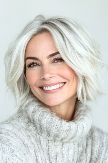 Icy Silver Bob Hairstyle on a smiling woman with short light silver hair.