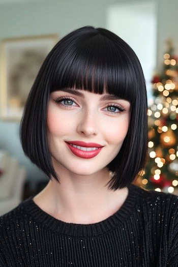 Jet Black Blunt Bob With Bangs Hairstyle on a smiling woman with short black hair.