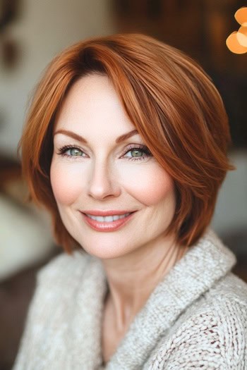 Layered Auburn Bob Hairstyle on a smiling woman with short auburn brown hair.