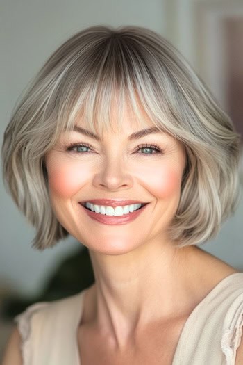 Layered Bob With Bangs Hairstyle on a smiling woman with short brown hair with blonde face-framing pieces.