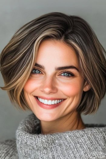 Layered Bob with Face-Framing Highlights Hairstyle on a smiling woman with highlighted brown hair.