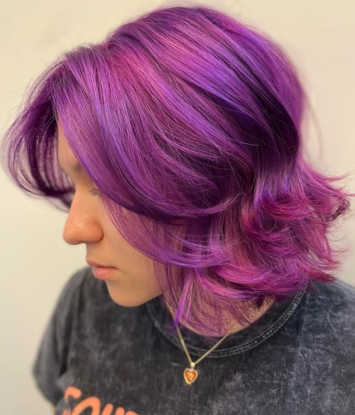 Layered Bob with Feathered Curtain Bangs Dyed Purple Lavender