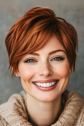 Layered Copper Pixie Hairstyle on a smiling woman with short copper red hair.