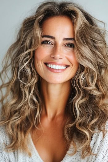 Layered Curls with Highlights Hairstyle on a smiling woman with long curly highlighted brown hair.