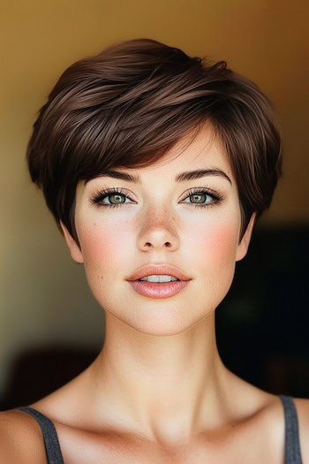 Layered Pixie Haircut on a smiling woman with short thick brown hair.