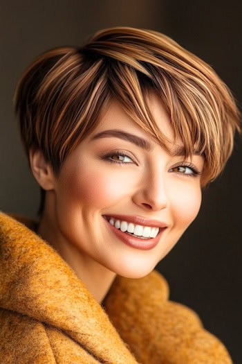 Layered Pixie with Streaky Highlights Hairstyle on a smiling woman with short brown hair and blonde highlights.