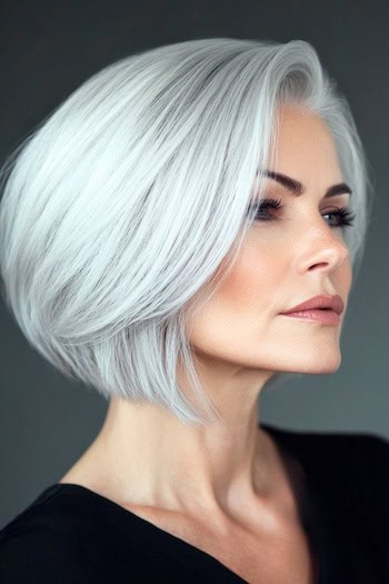 Layered Silver Bob Hairstyle on a smiling woman with silver hair, side view.