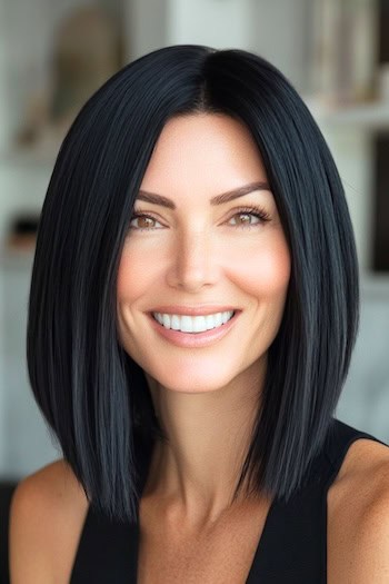 Long Blunt Bob with Subtle Angling Haircut on a smiling woman with bark-brown/black hair.