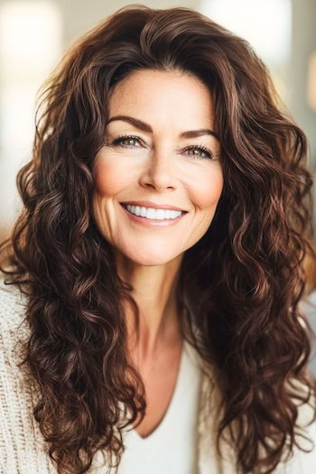 Long Brunette Curls Hairstyle on a woman with long curly brown hair.