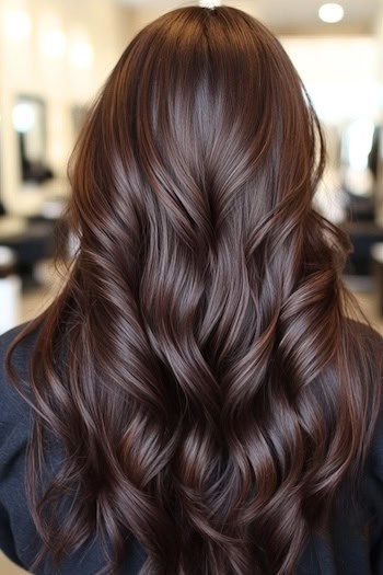 Long Chocolate-Brown Waves Hairstyle on a woman with long wavy brown hair, from back, in a hair salon.