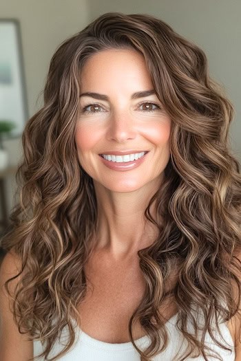 Long Curls with Side Part Hairstyle on a smiling woman with long curly brown hair.