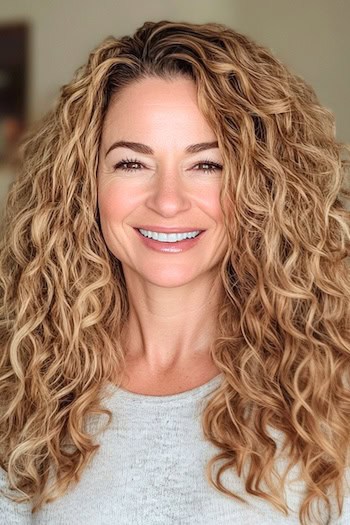 Long Defined Curls Hairstyle on a smiling woman with long curly caramel blonde hair.