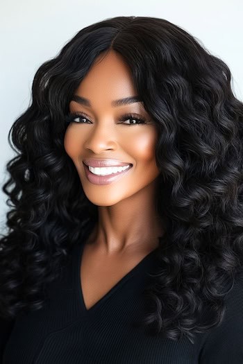 Long Defined Ringlet Curls Hairstyle on a smiling black woman with long curly black hair.