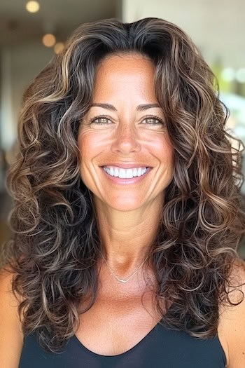 Long Face-Framing Curls Hairstyle on a smiling woman with long curly brown hair.