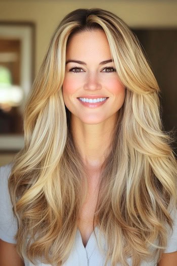 Long Golden Blonde Layers Haircut on a smiling woman with long blonde hair.