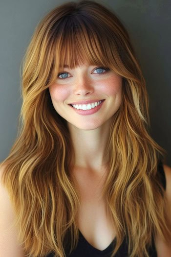 Long Highlighted Waves With Bangs Hairstyle on a smiling woman with long brown highlighted hair.