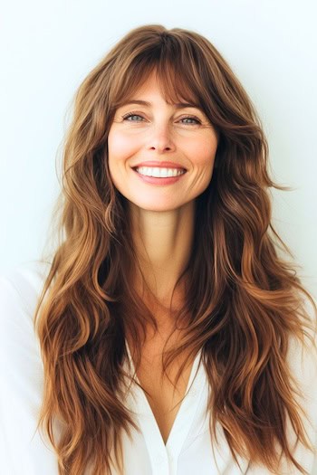 Long Layered Waves With Bangs Hairstyle on a smiling woman with long brown hair.