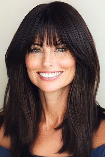 Long Layers with Blunt Bangs Haircut on a smiling woman with dark brown hair.