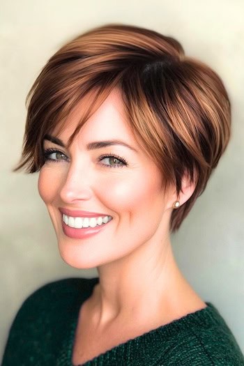 Long Pixie with Root Lift Hairstyle on a smiling woman with highlighted brown hair.