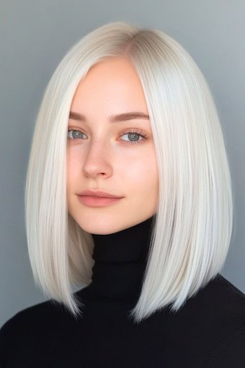 Long Platinum Bob Hairstyle on a young woman with white platinum blonde hair.