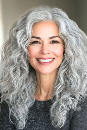 Long Silver Curls Hairstyle on a smiling woman with long curly gray hair.