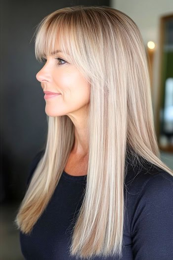 Long Straight Hair With Bangs Hairstyle on a smiling woman with long blonde hair.