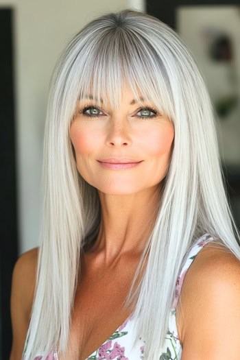 Long Straight Silver Hair With Bangs Hairstyle on a smiling woman with long gray hair.