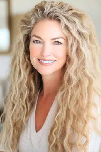 Long Textured Curls Hairstyle on a smiling woman with long curly blonde hair.