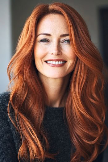 Long Vibrant Copper Waves Hairstyle on a smiling woman with copper hair.