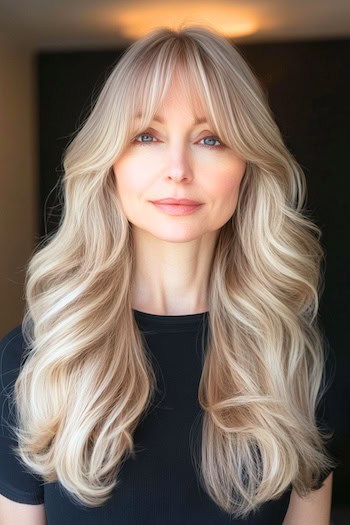 Long Voluminous Waves With Bangs Hairstyle on an older woman with long blonde hair.