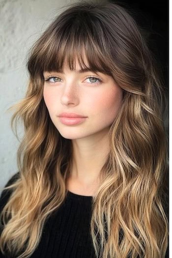 Long Waves with Bangs Haircut on a young woman with ombre brown to blonde hair.