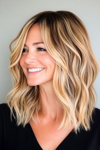 Long Wavy Bob Haircut on a smiling woman with beachy blonde hair.