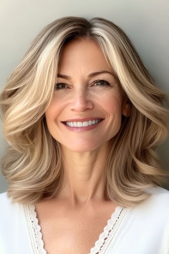 Loose Layers With Volume Haircut on a smiling woman with blonde hair.