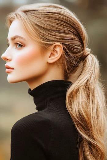 Low Ponytail Haircut on a young woman with long sandy blonde hair.