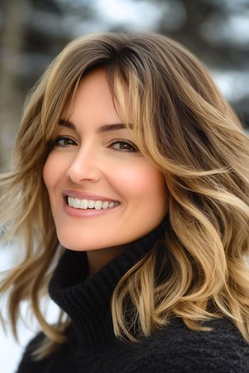 Medium Brown Layers with Sandy Blonde Highlights Hairstyle on a smiling woman with brown hair and highlights in the winter outdoors.