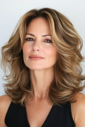 Medium Feathery Layers Haircut on a woman with brown hair and highlights.