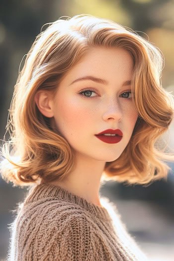 Medium Retro-Inspired Waves Hairstyle on a young woman with blondish-brown hair and wearing red lipstick.