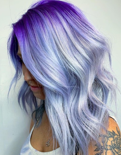 Metallic White Hair with Vivid Lavender Roots