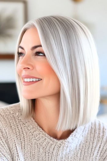 Multidimensional Silver Gray Blunt Lob Hairstyle on a smiling woman with silvery gray straight hair.