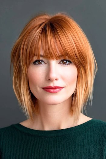 Ombre Copper Layered Bob With Bangs Hairstyle on a smiling woman with short copper ombre hair.