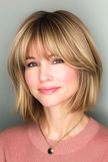 Peanut Butter Blonde Bob With Bangs Hairstyle on a woman with short peanut butter blonde hair.