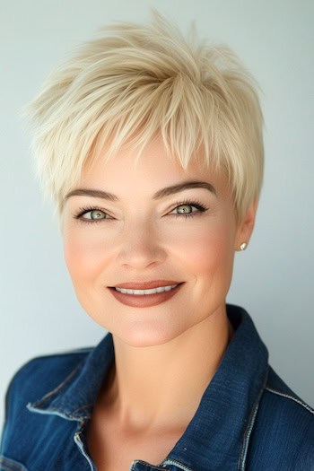 Piecey Pixie Hairstyle on a smiling woman with short blonde hair.