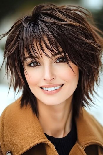 Piecey Shag Hairstyle on a smiling woman with brown hair.